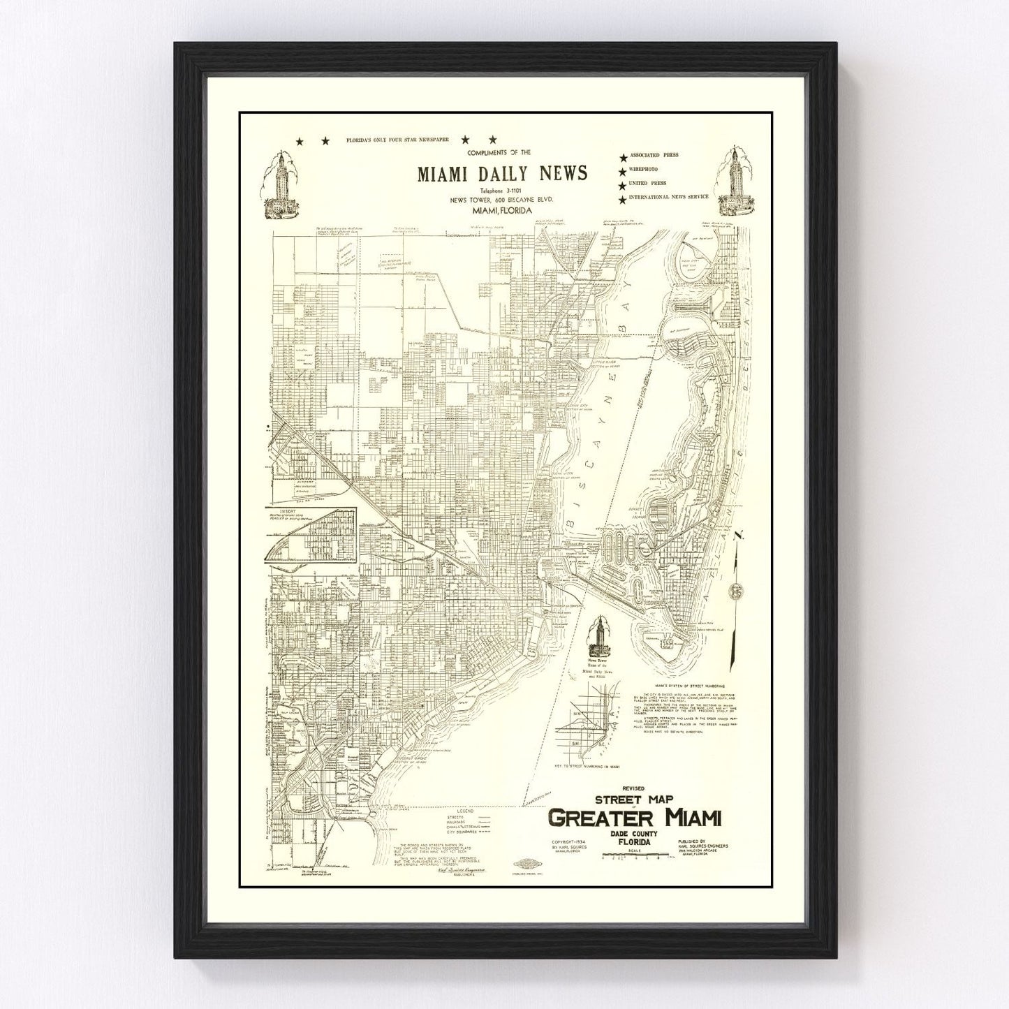 vintage map of Miami, Florida, 1934