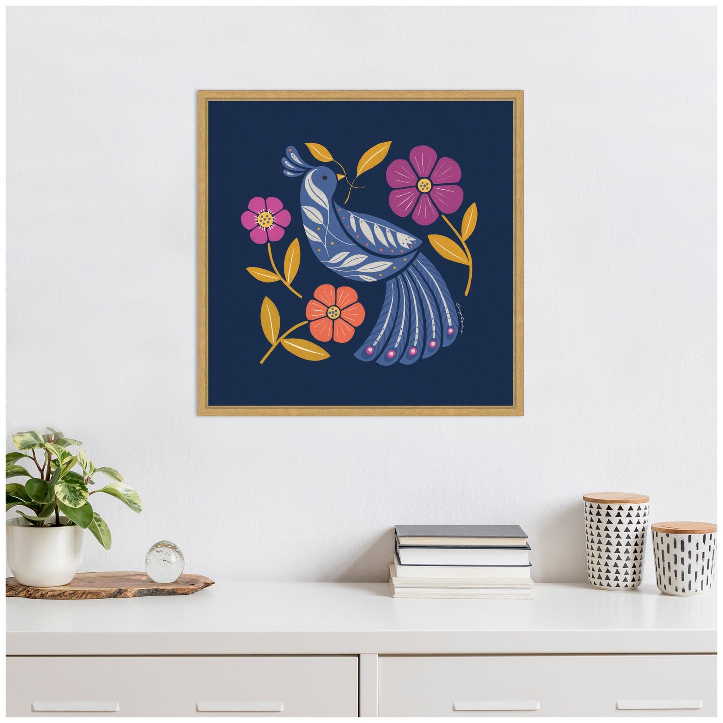 Boho Folk Art Bird Blue and Gold Framed Canvas Wall Art
