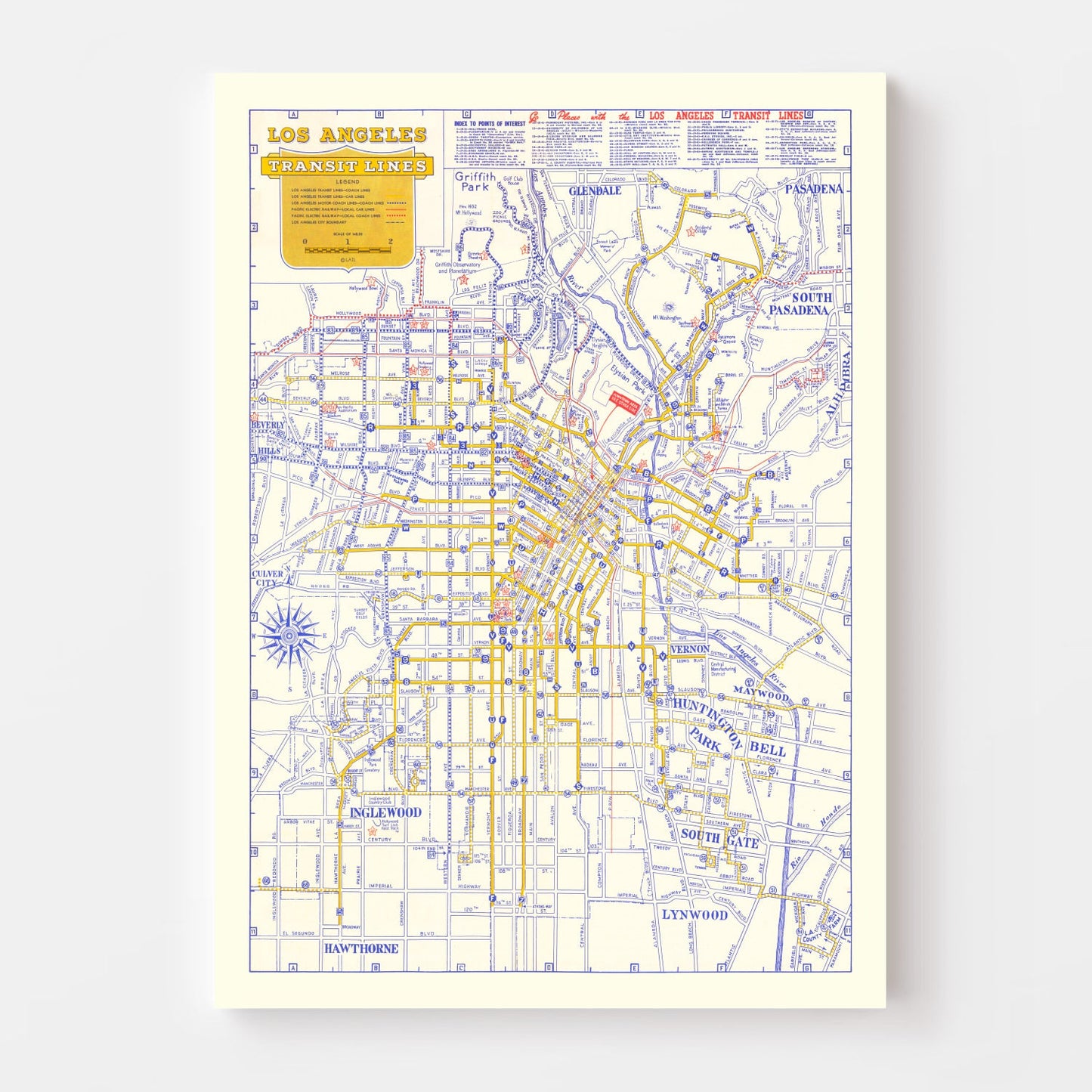 Vintage Map of Los Angeles, California, 1946