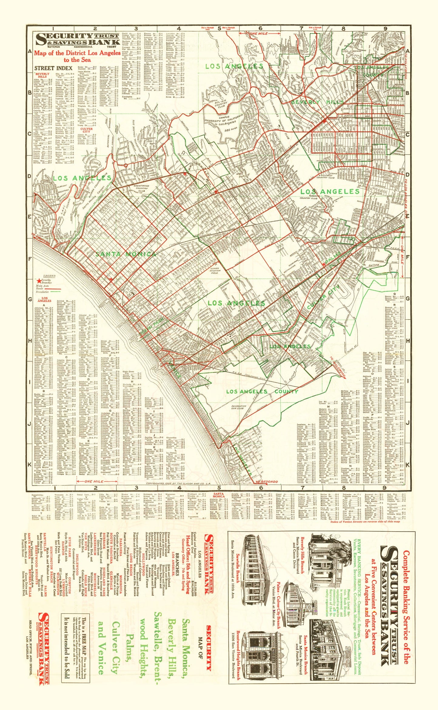Vintage Map of Los Angeles, California, 1926