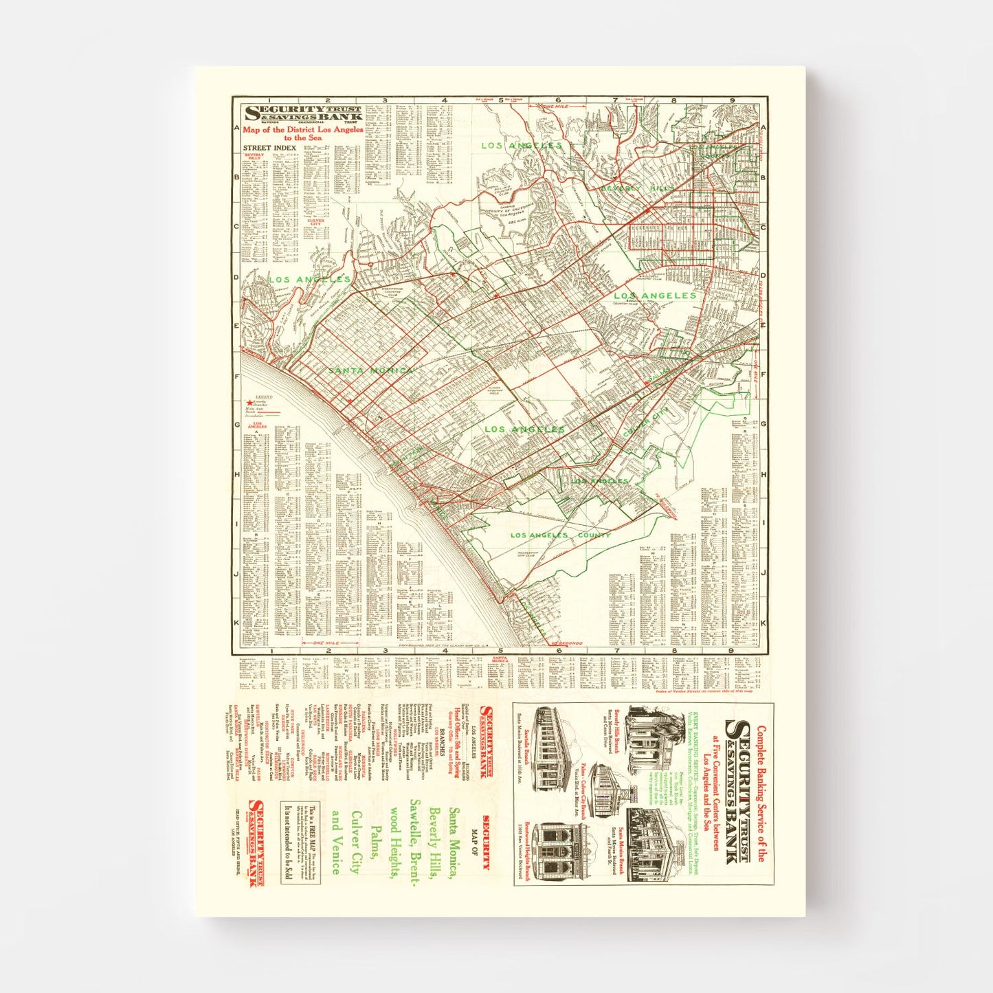 Vintage Map of Los Angeles, California, 1926