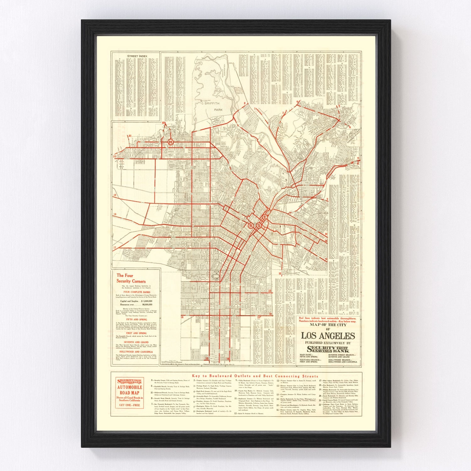 Vintage map of Los Angeles, California, 1914