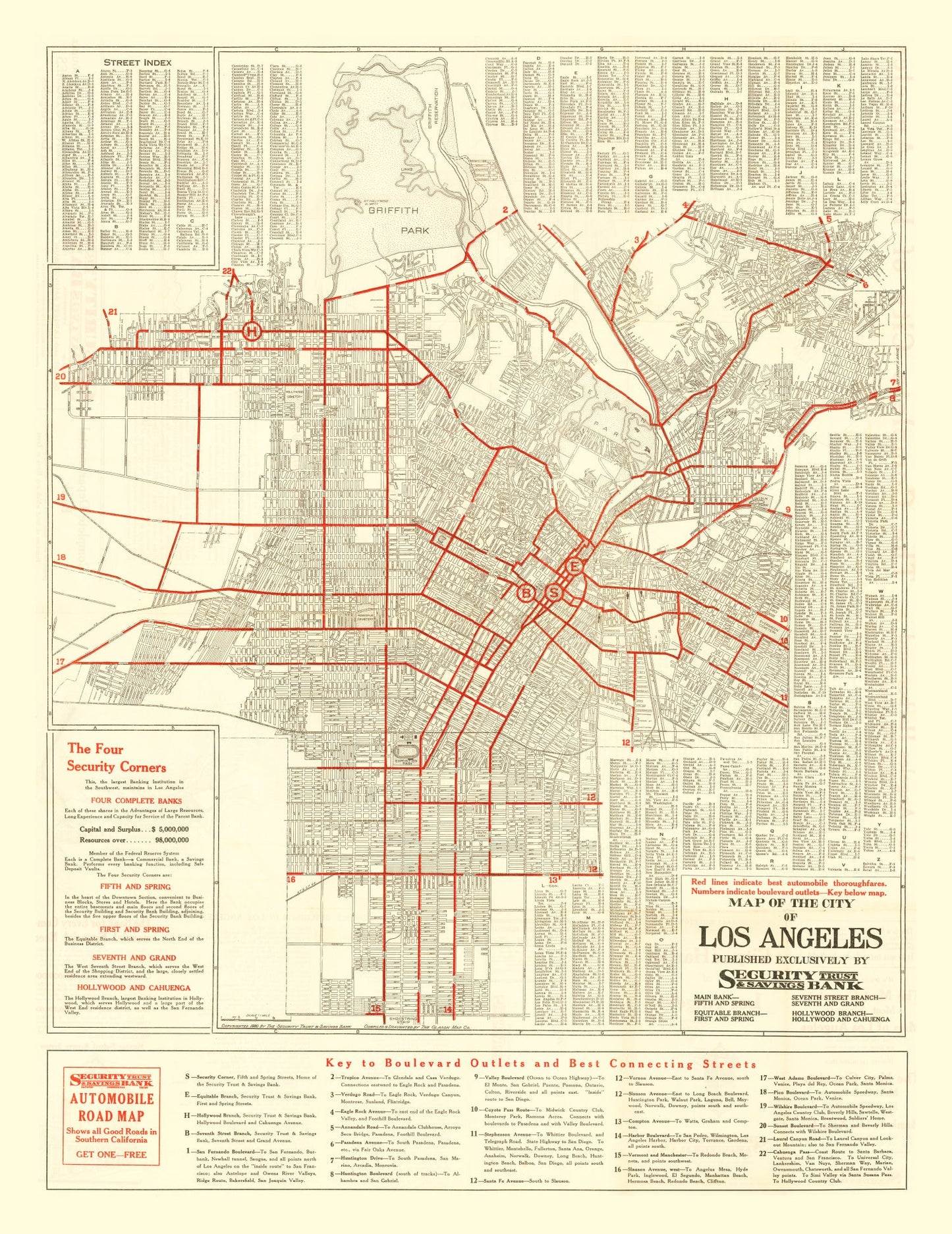 Vintage Map of Los Angeles, California, 1914