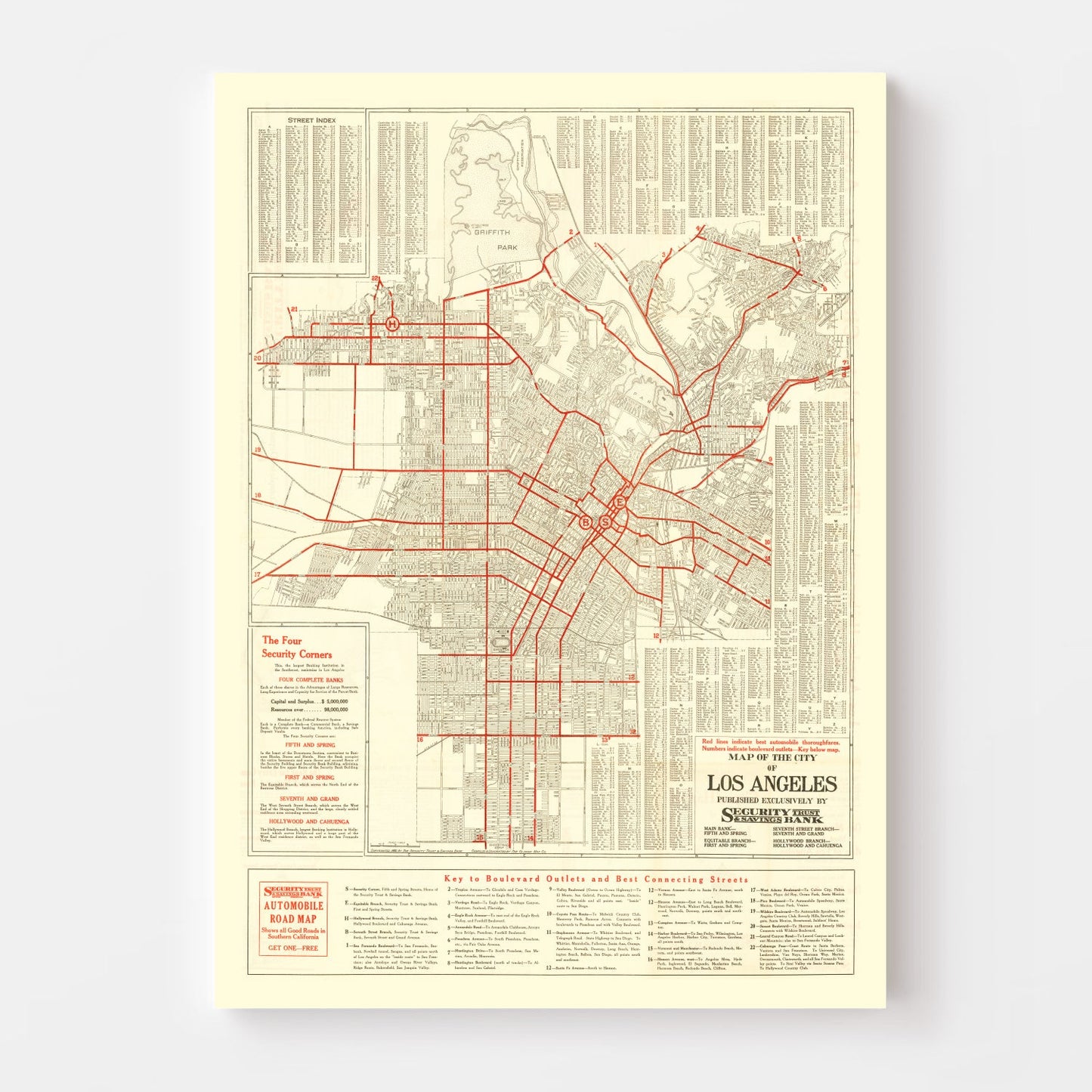 Vintage Map of Los Angeles, California, 1914