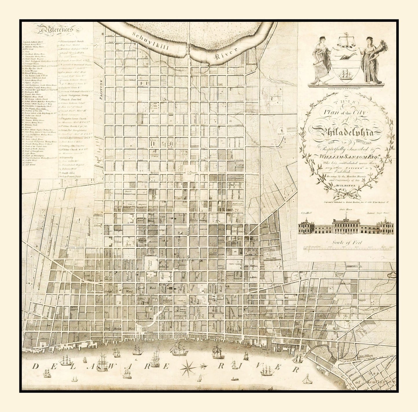 Vintage Map of Philadelphia, Pennsylvania, 1819