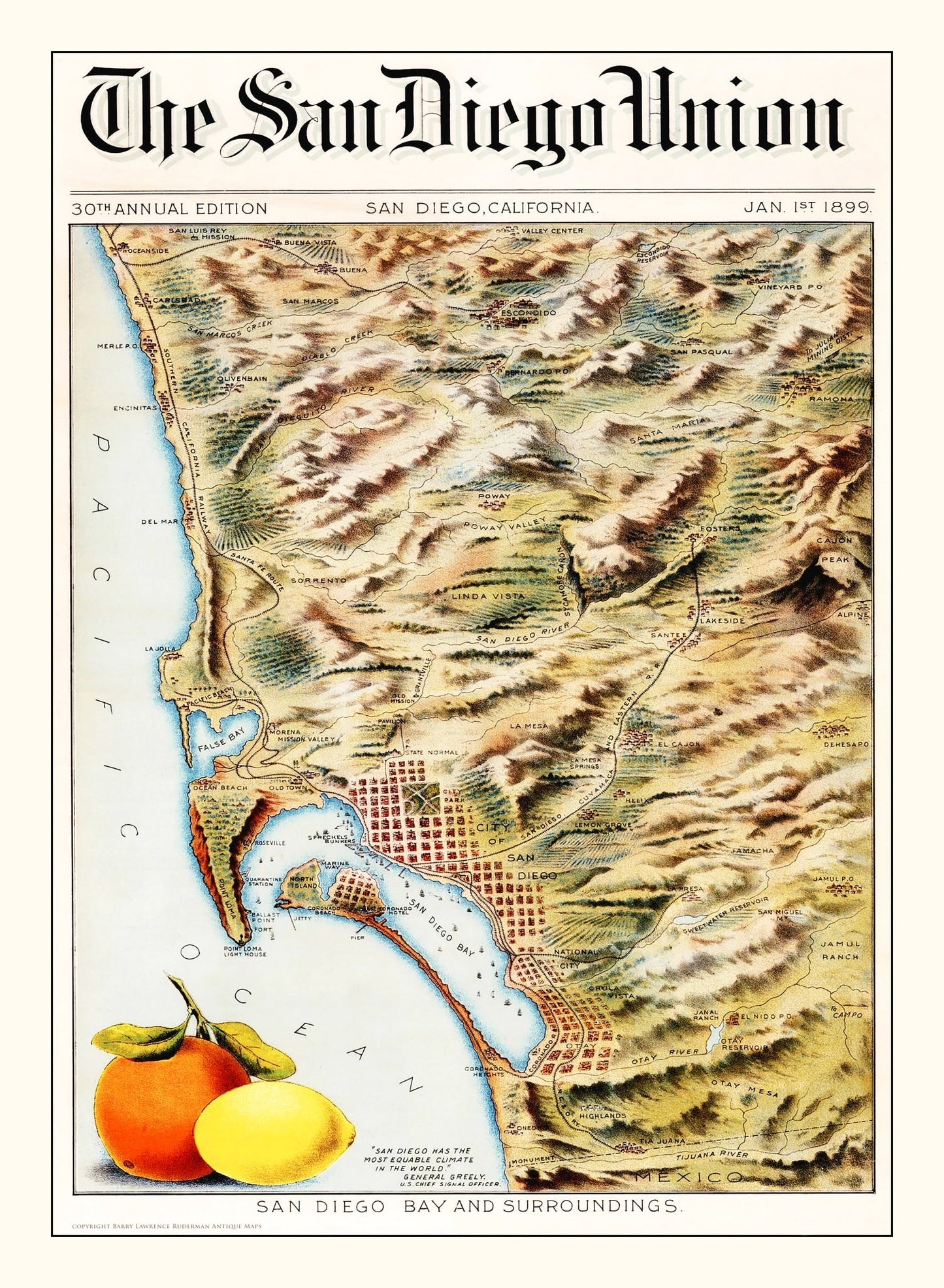 Vintage Map of San Diego Bay, California, 1899