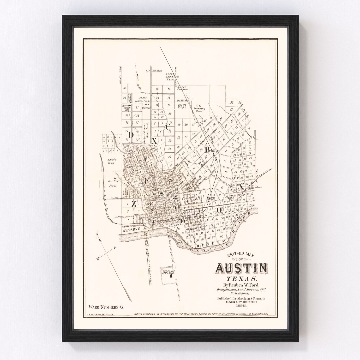Vintage map of Austin, Texas, 1885, Capitol district restored print