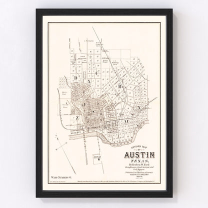 Vintage map of Austin, Texas, 1885, Capitol district restored print