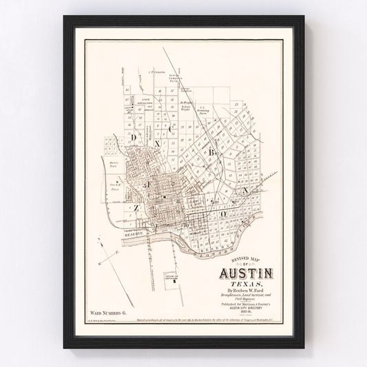 Vintage map of Austin, Texas, 1885, Capitol district restored print