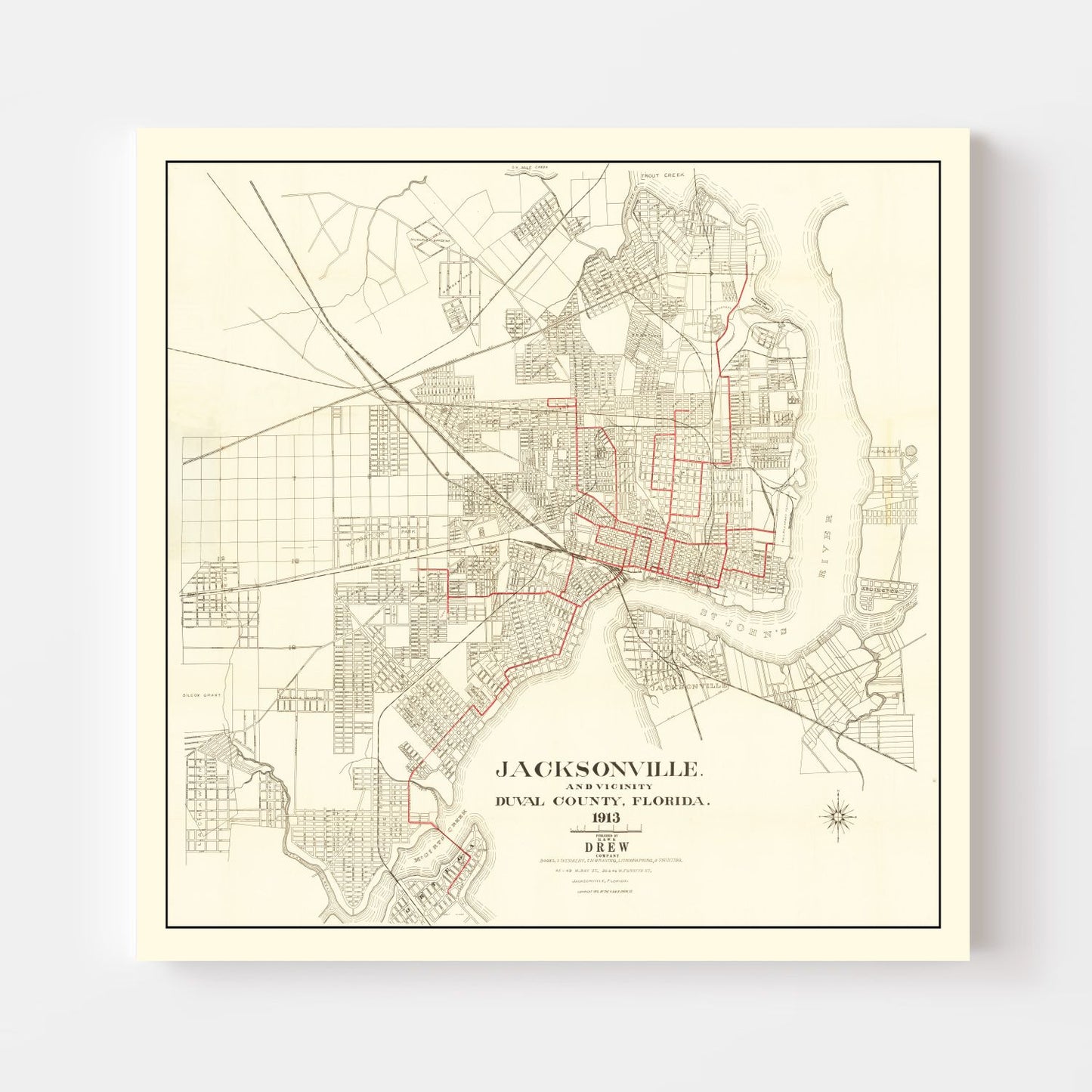 Vintage Map of Jacksonville, Duval County, Florida, 1913