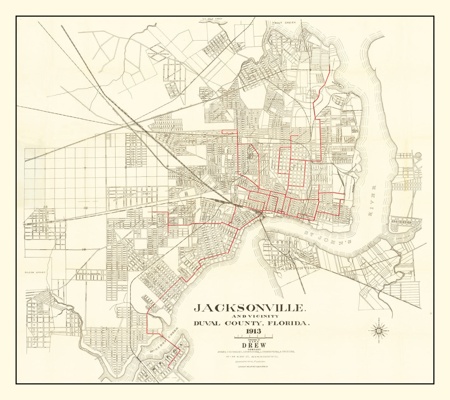 Vintage Map of Jacksonville, Duval County, Florida, 1913