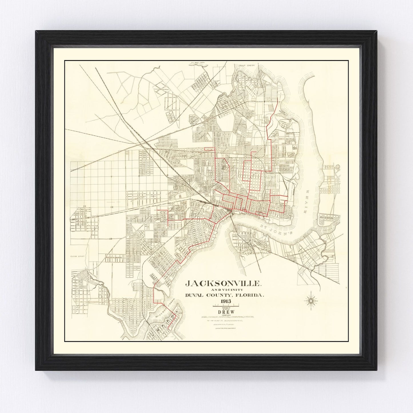 Vintage map of Jacksonville, Duval County, Florida, 1913