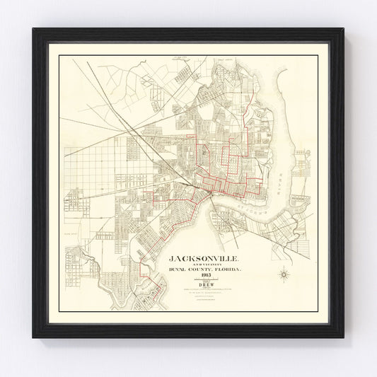 Vintage map of Jacksonville, Duval County, Florida, 1913