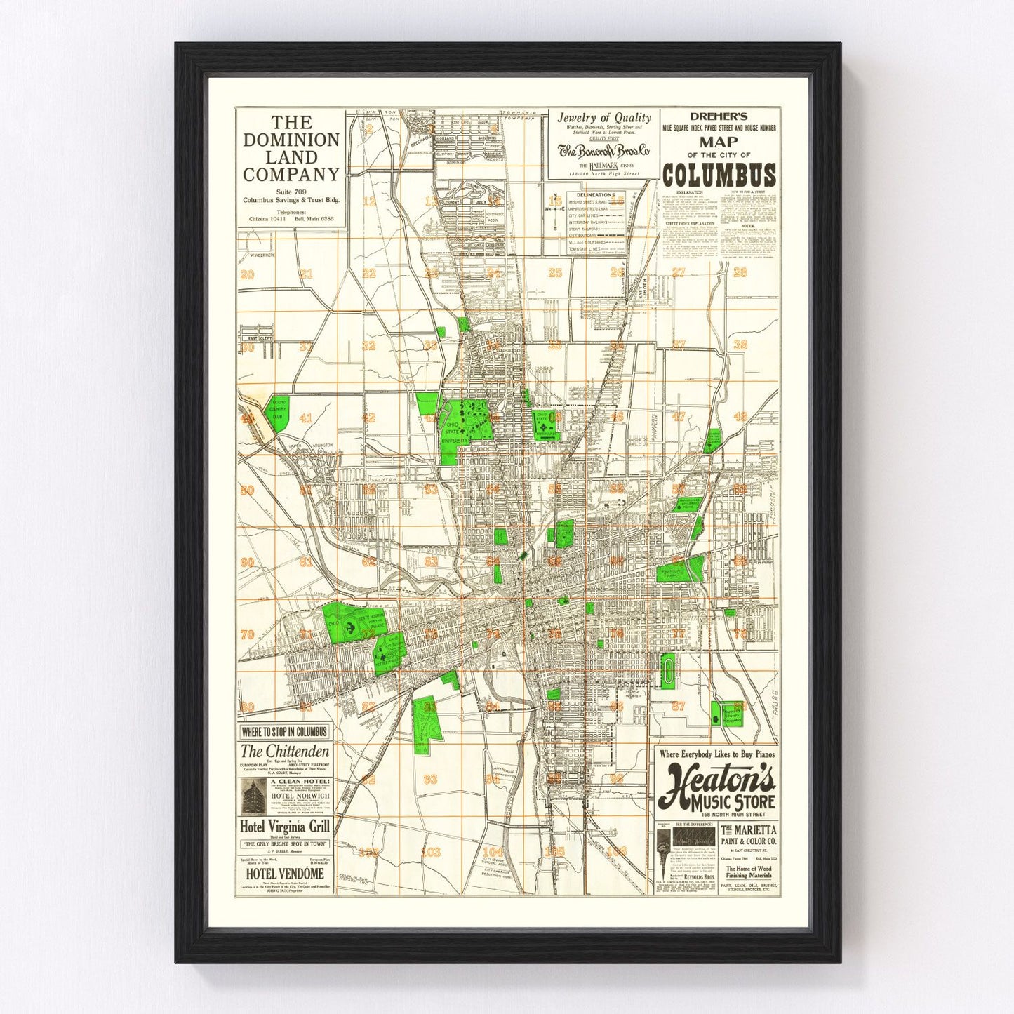Vintage map of Columbus, Ohio, 1916