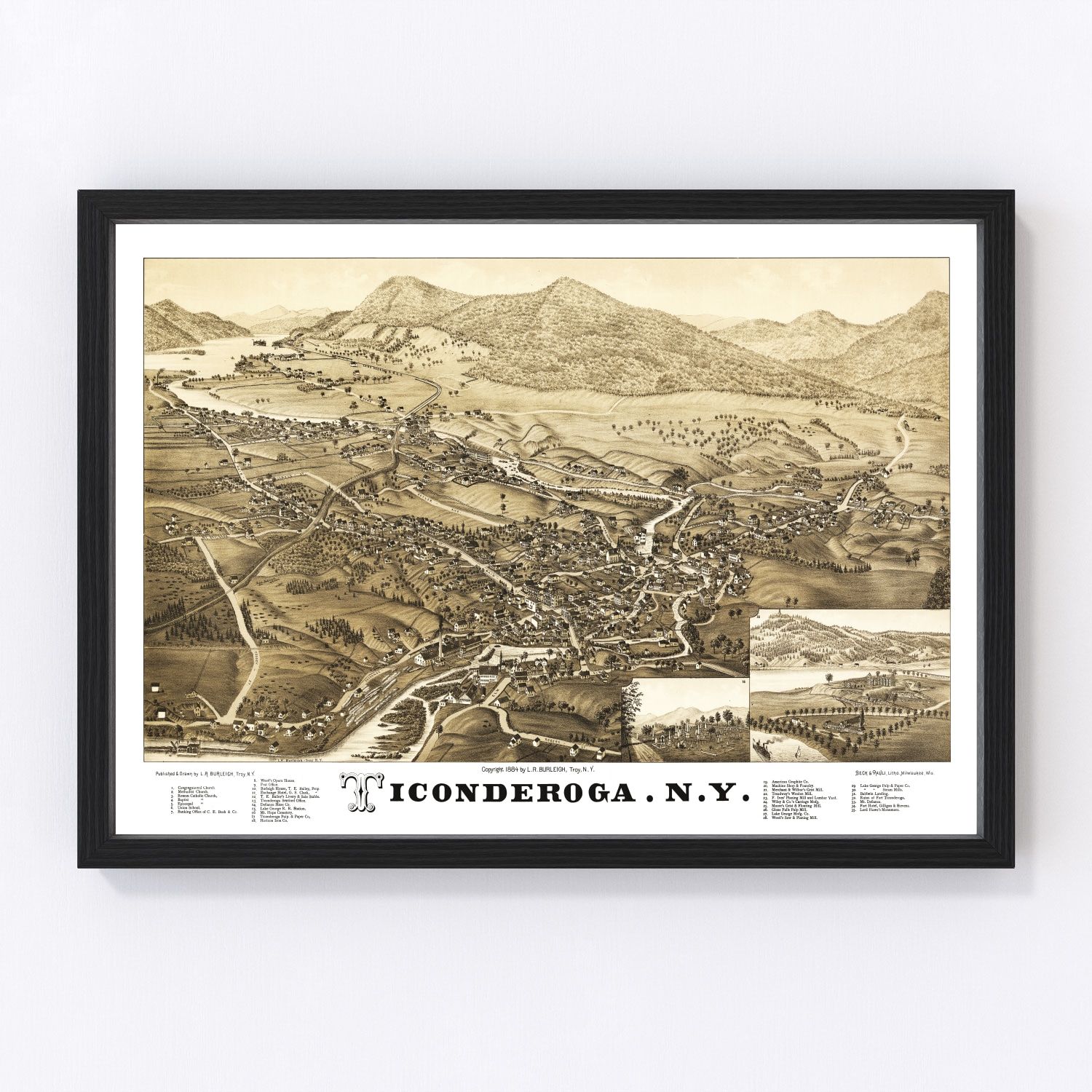 vintage map of Ticonderoga, New York, 1884