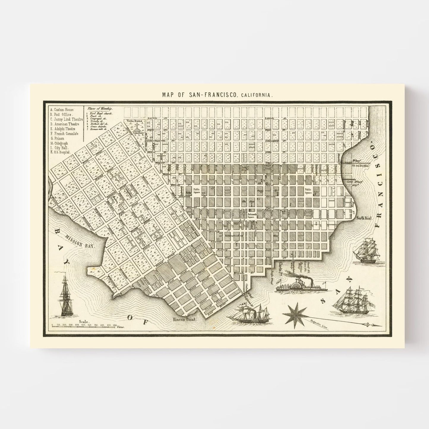 Vintage Map of San Francisco, California, 1852
