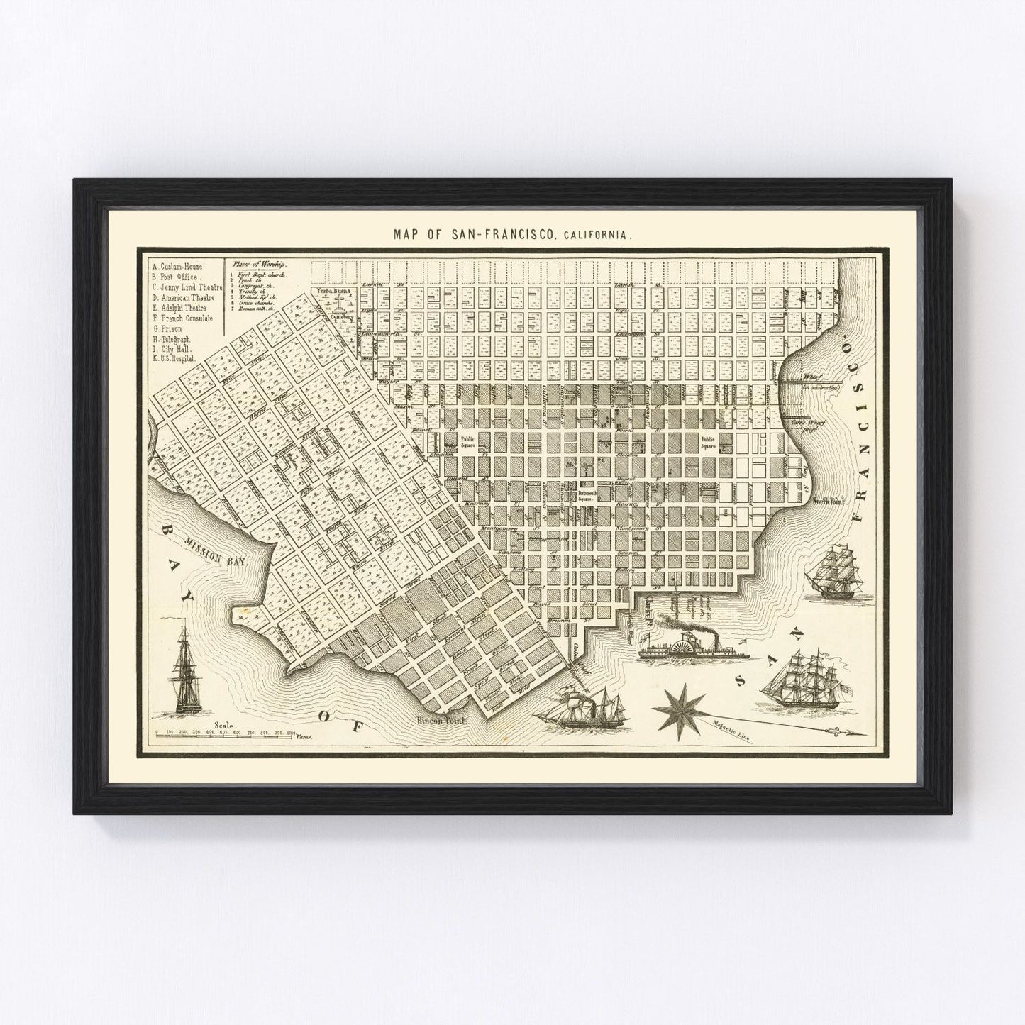 vintage map of San Francisco, California, 1852