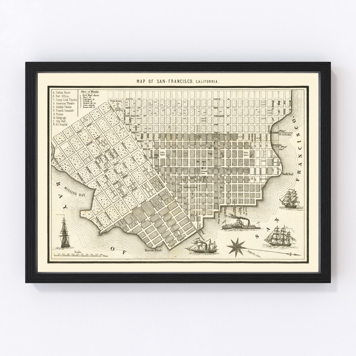 vintage map of San Francisco, California, 1852