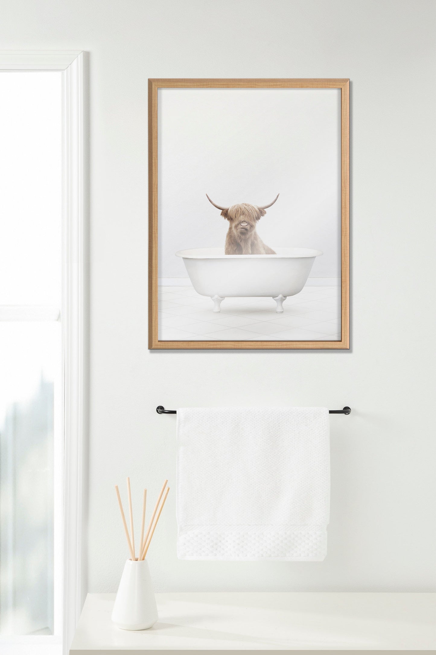 Highland Cow Solo Bathtub Framed Glass Wall Art