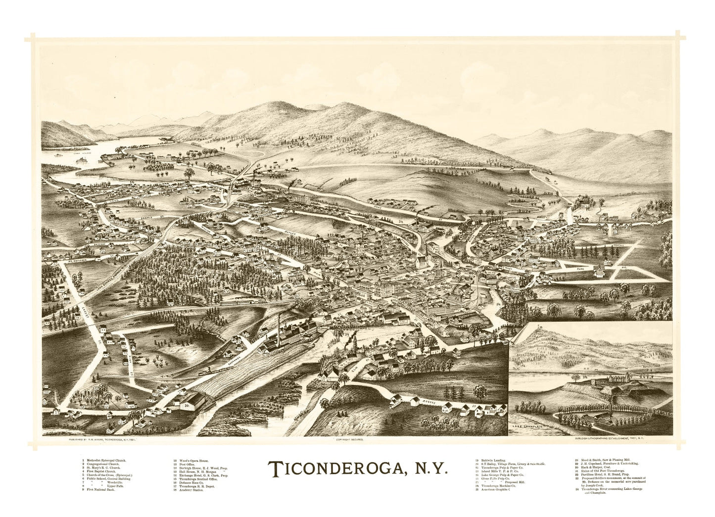 Vintage Map of Ticonderoga, New York, 1891