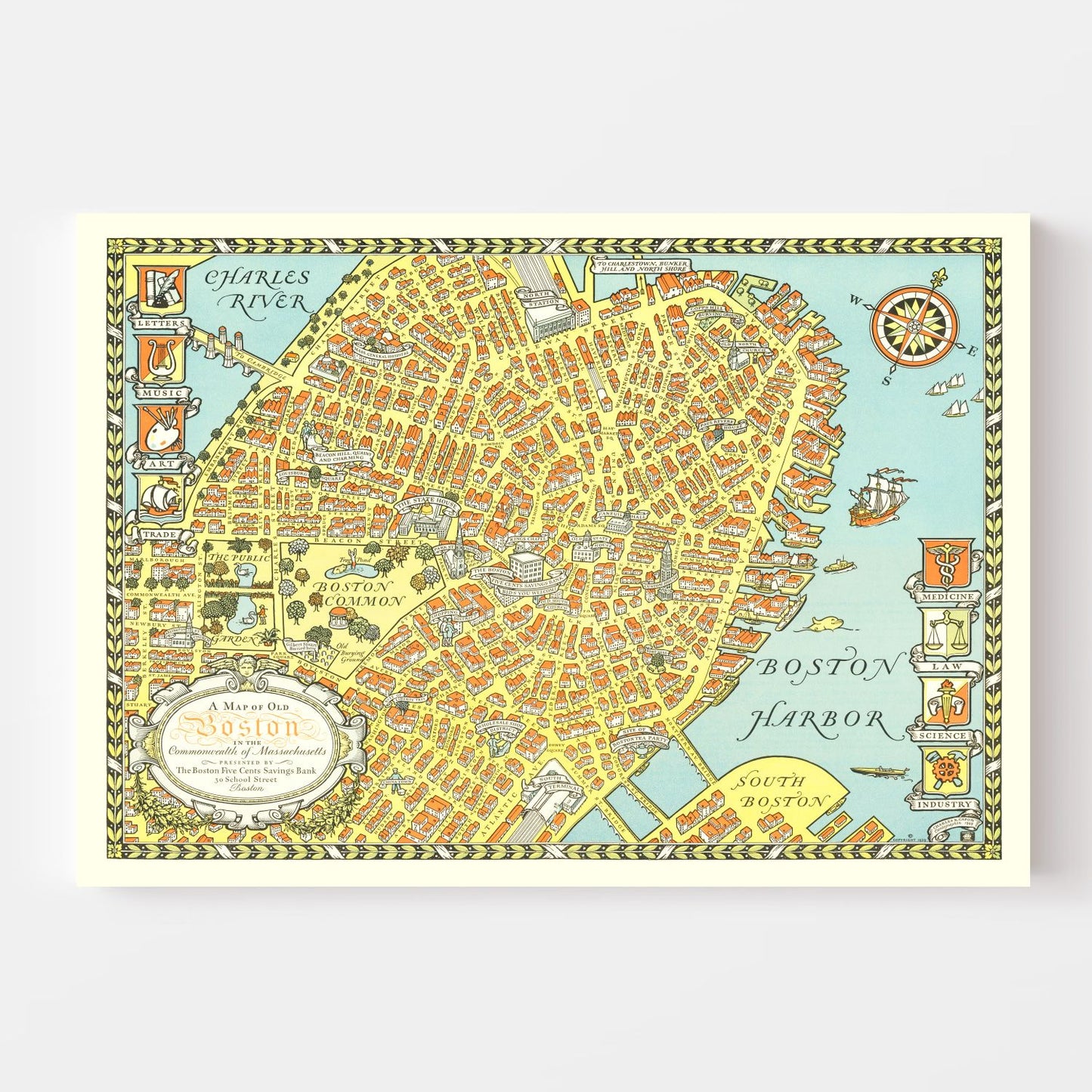 Vintage Map of Boston, Massachusetts 1929 Wall Art