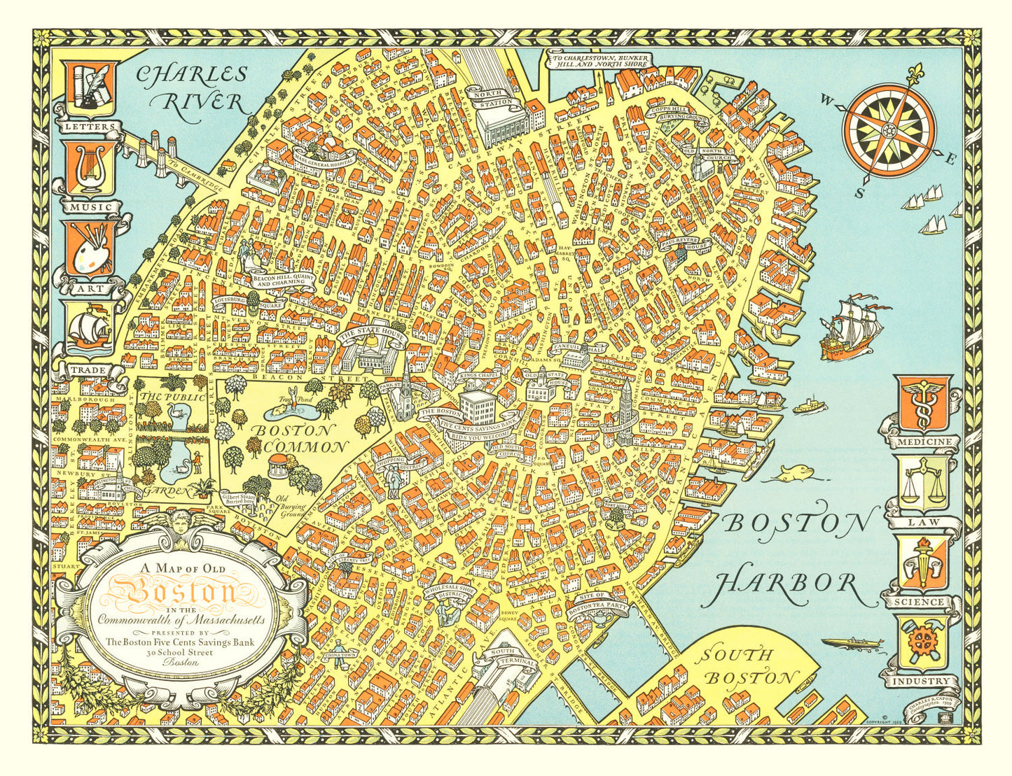 Vintage Map of Boston, Massachusetts 1929 Wall Art