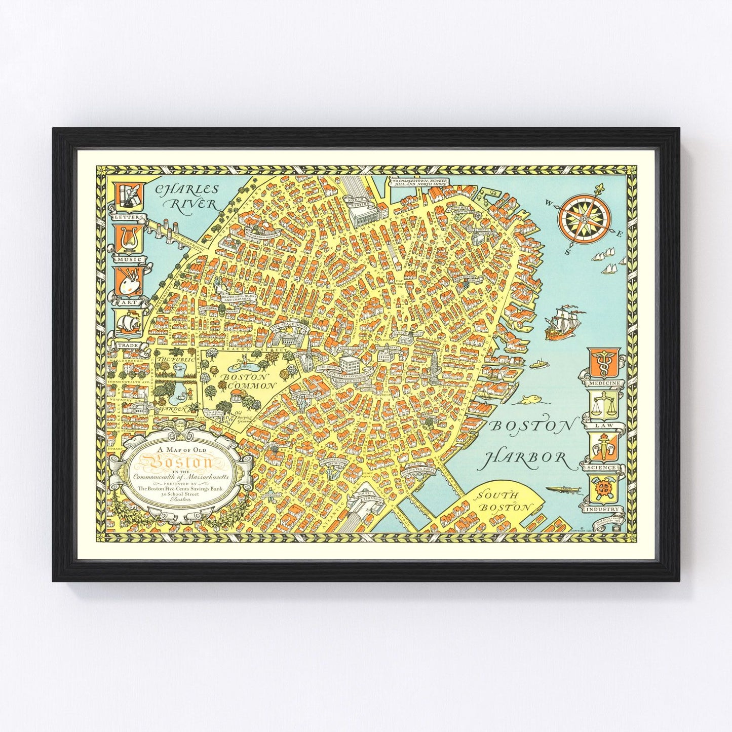 Vintage map of Boston Massachusetts 1929, Roaring Twenties restored print