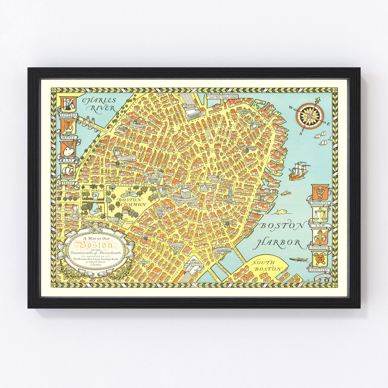 Vintage map of Boston Massachusetts 1929, Roaring Twenties restored print