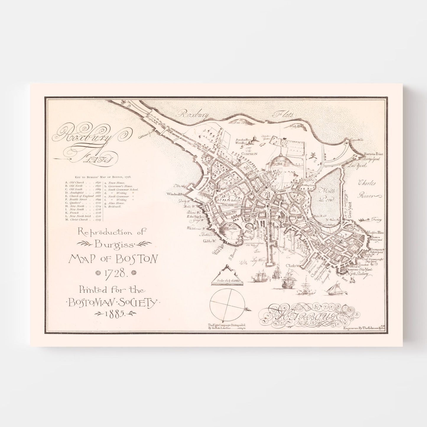 Vintage Map of Boston, Massachusetts, 1728