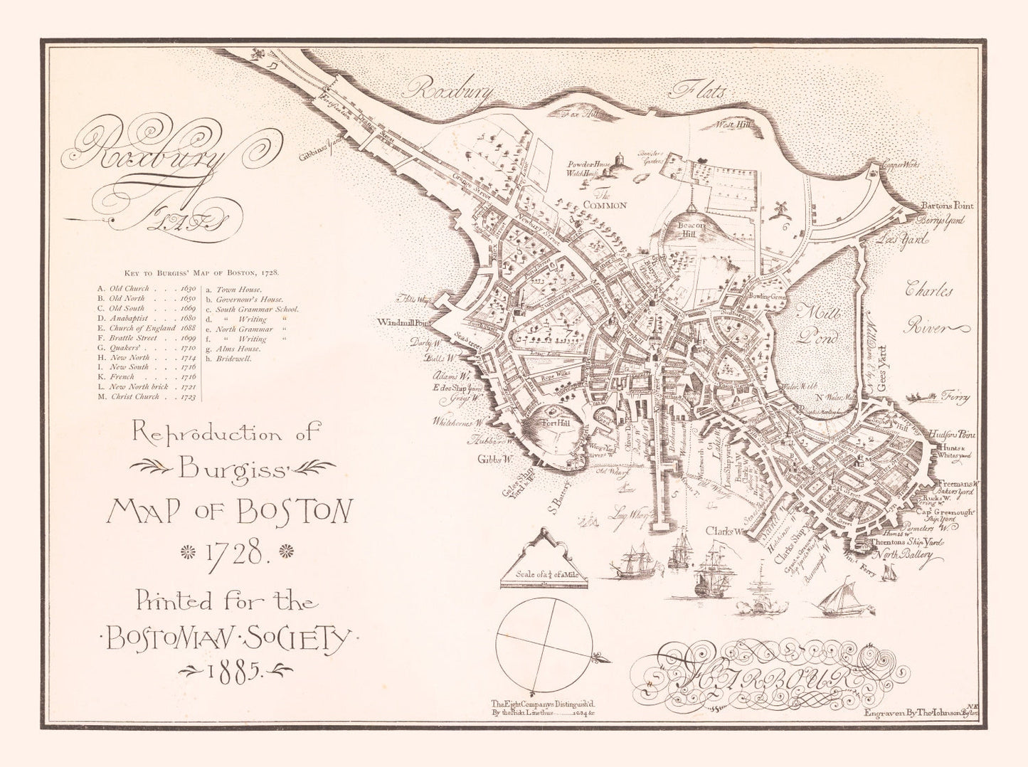 Vintage Map of Boston, Massachusetts, 1728