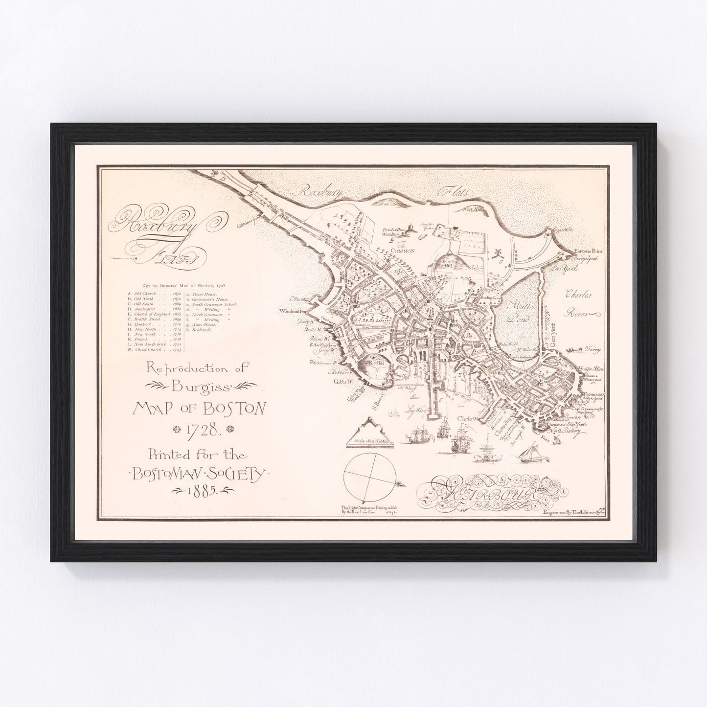 Vintage map of Boston Massachusetts 1728, colonial era restored print