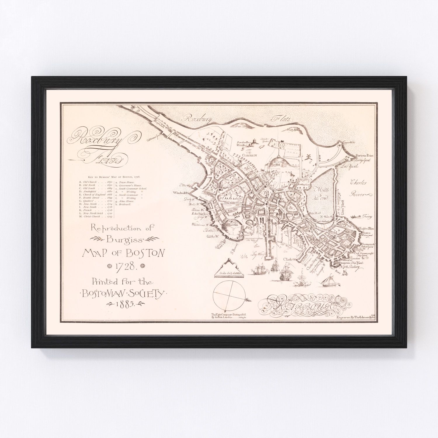 Vintage map of Boston Massachusetts 1728, colonial era restored print