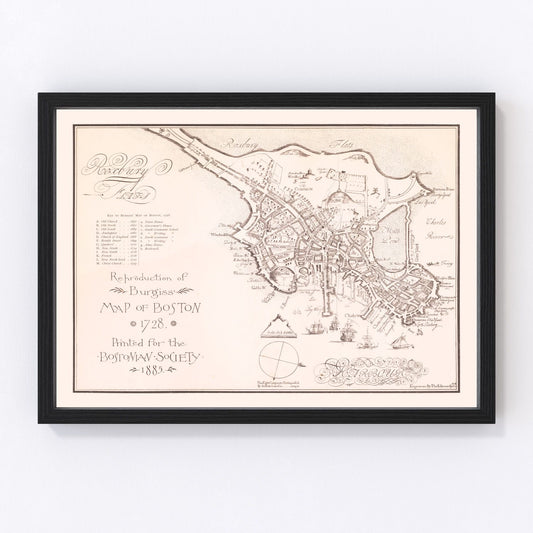 Vintage map of Boston Massachusetts 1728, colonial era restored print