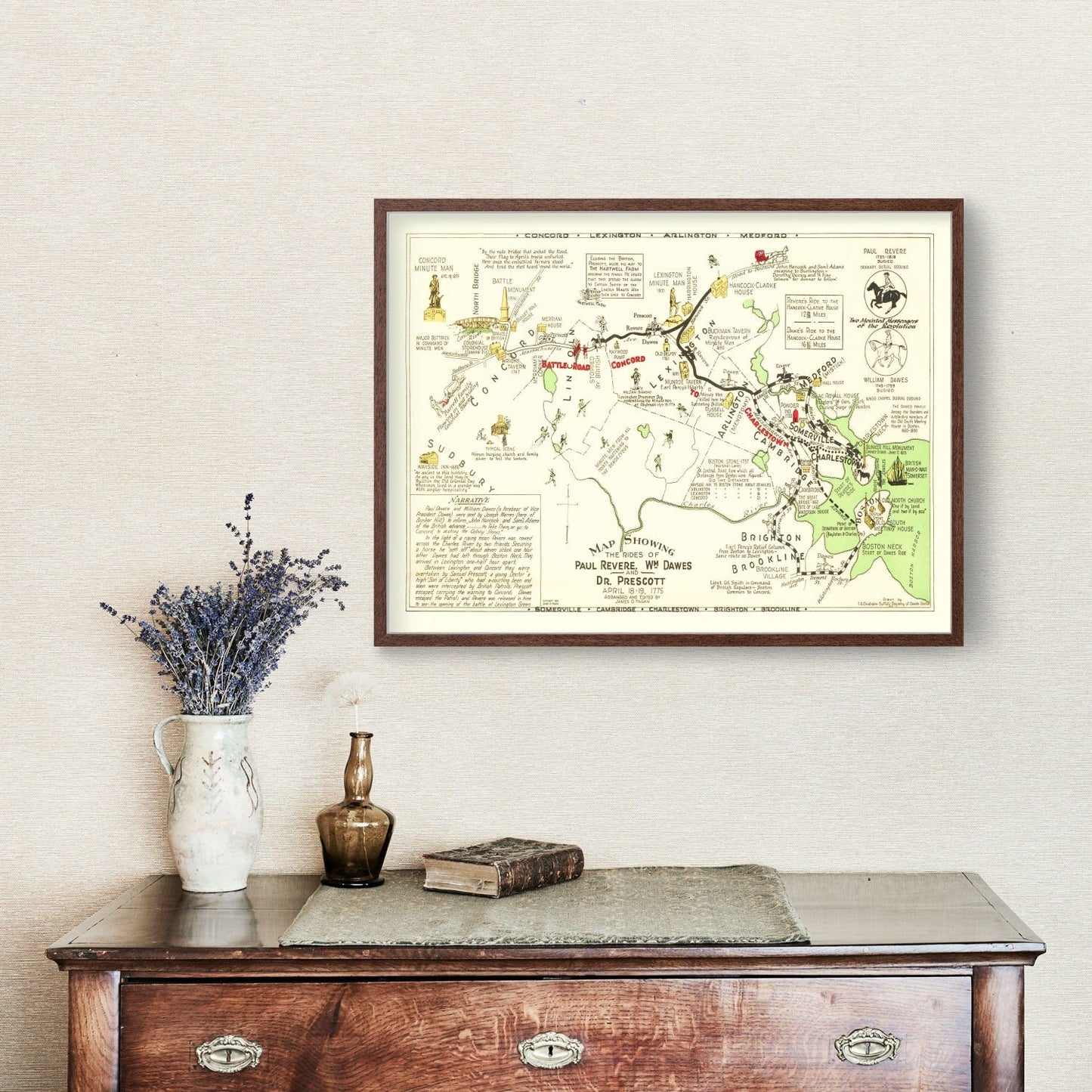 Vintage Map of Paul Revere's Ride, Massachusetts, 1929