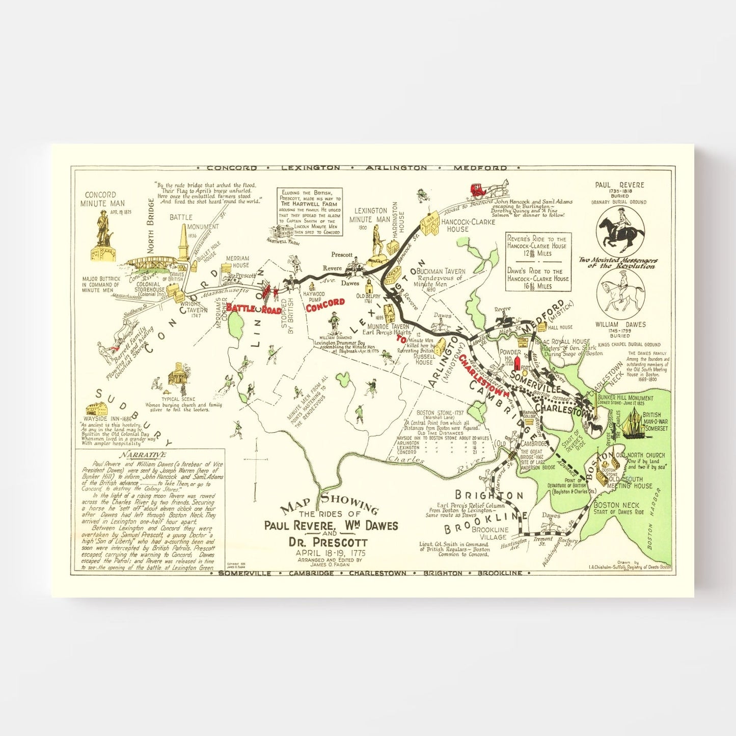 Vintage Map of Paul Revere's Ride, Massachusetts, 1929