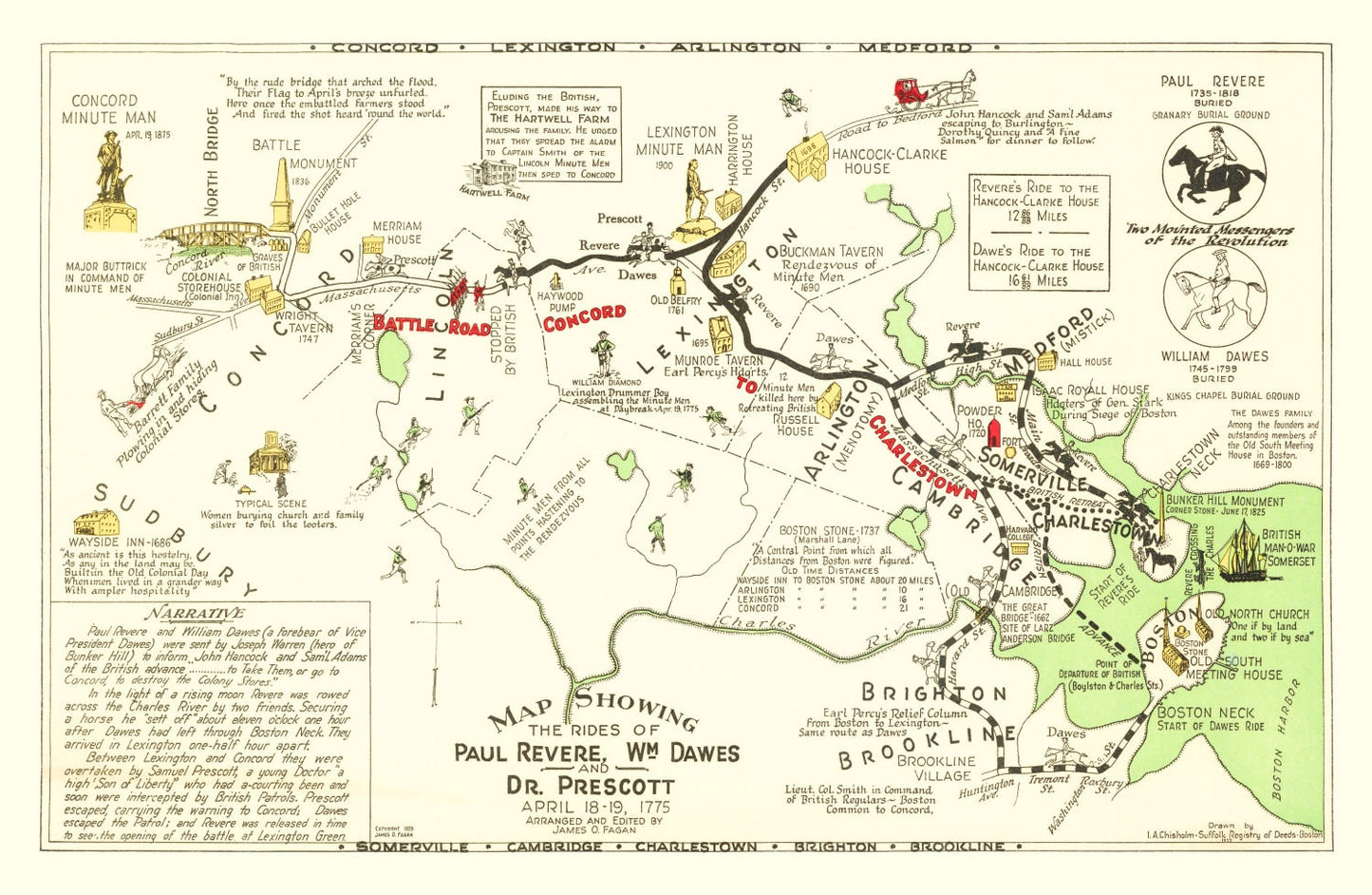 Vintage Map of Paul Revere's Ride, Massachusetts, 1929