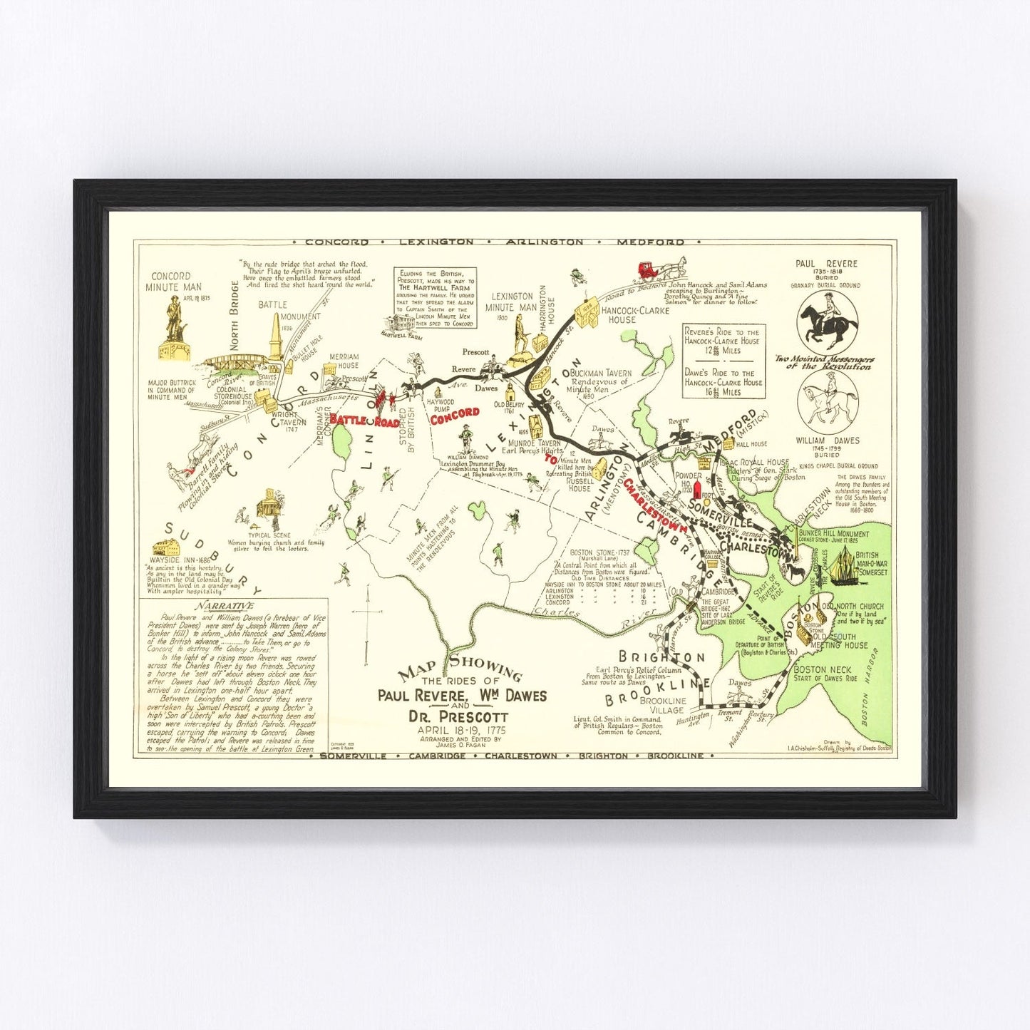 Vintage map of Paul Revere's ride, Massachusetts, 1929