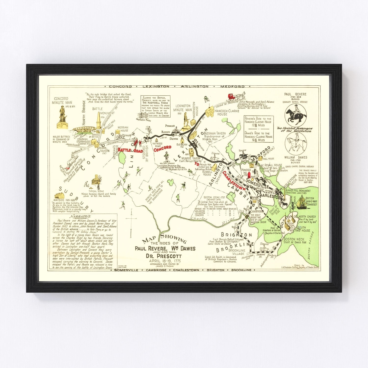 Vintage map of Paul Revere's ride, Massachusetts, 1929