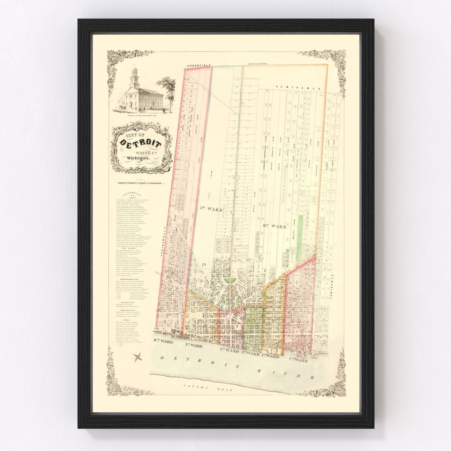 Vintage restored map of Detroit, Michigan, 1853, antebellum frontier city cartography