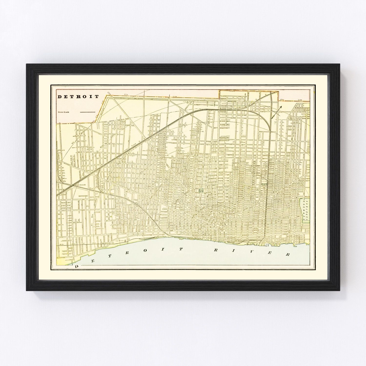 Vintage restored map of Detroit, Michigan, 1892, late-Victorian industrial city cartography