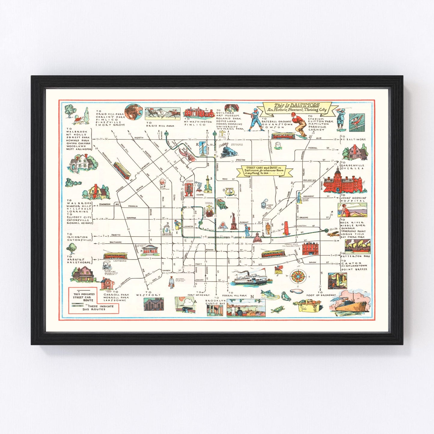 vintage map of Baltimore, Maryland, 1929, restored print wall art