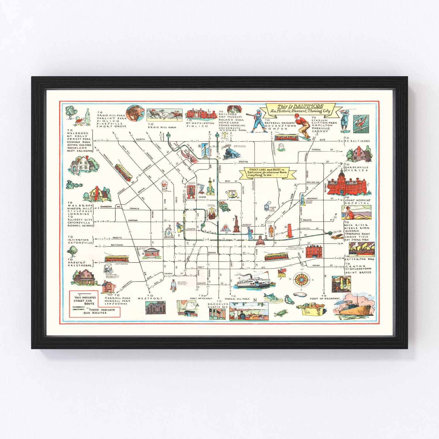 vintage map of Baltimore, Maryland, 1929, restored print wall art