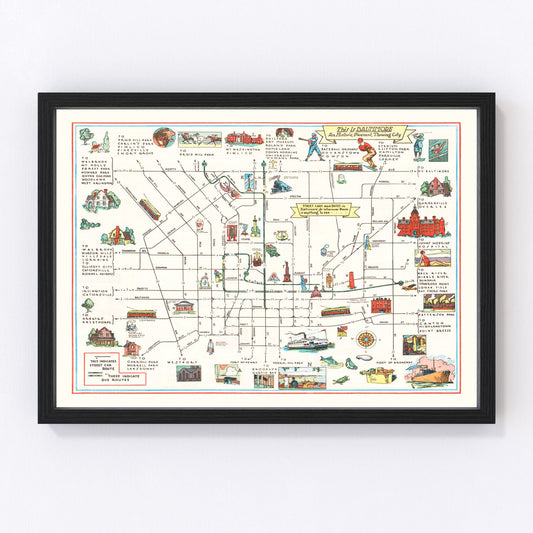 vintage map of Baltimore, Maryland, 1929, restored print wall art