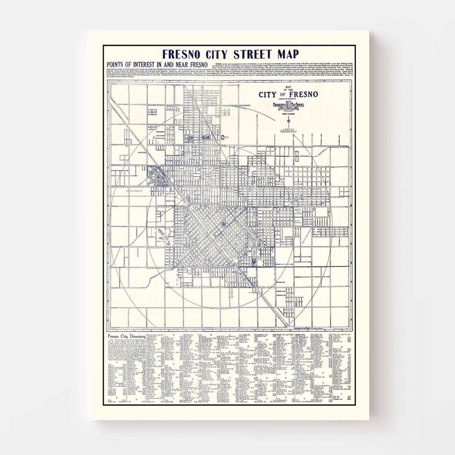 Vintage Map of Fresno, California, 1925