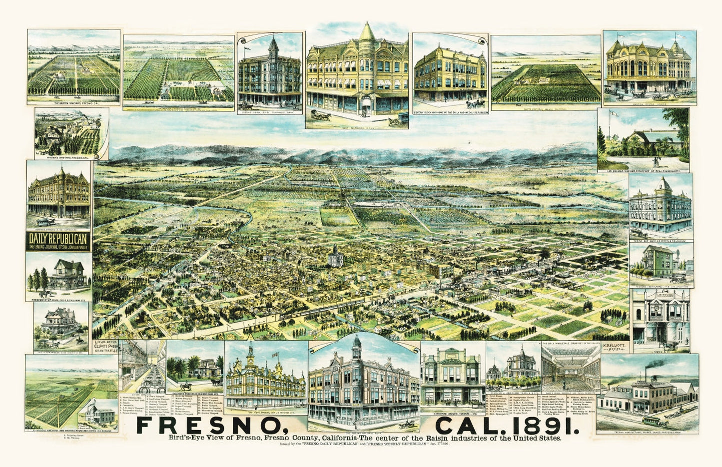 Vintage Map of Fresno, California, 1891