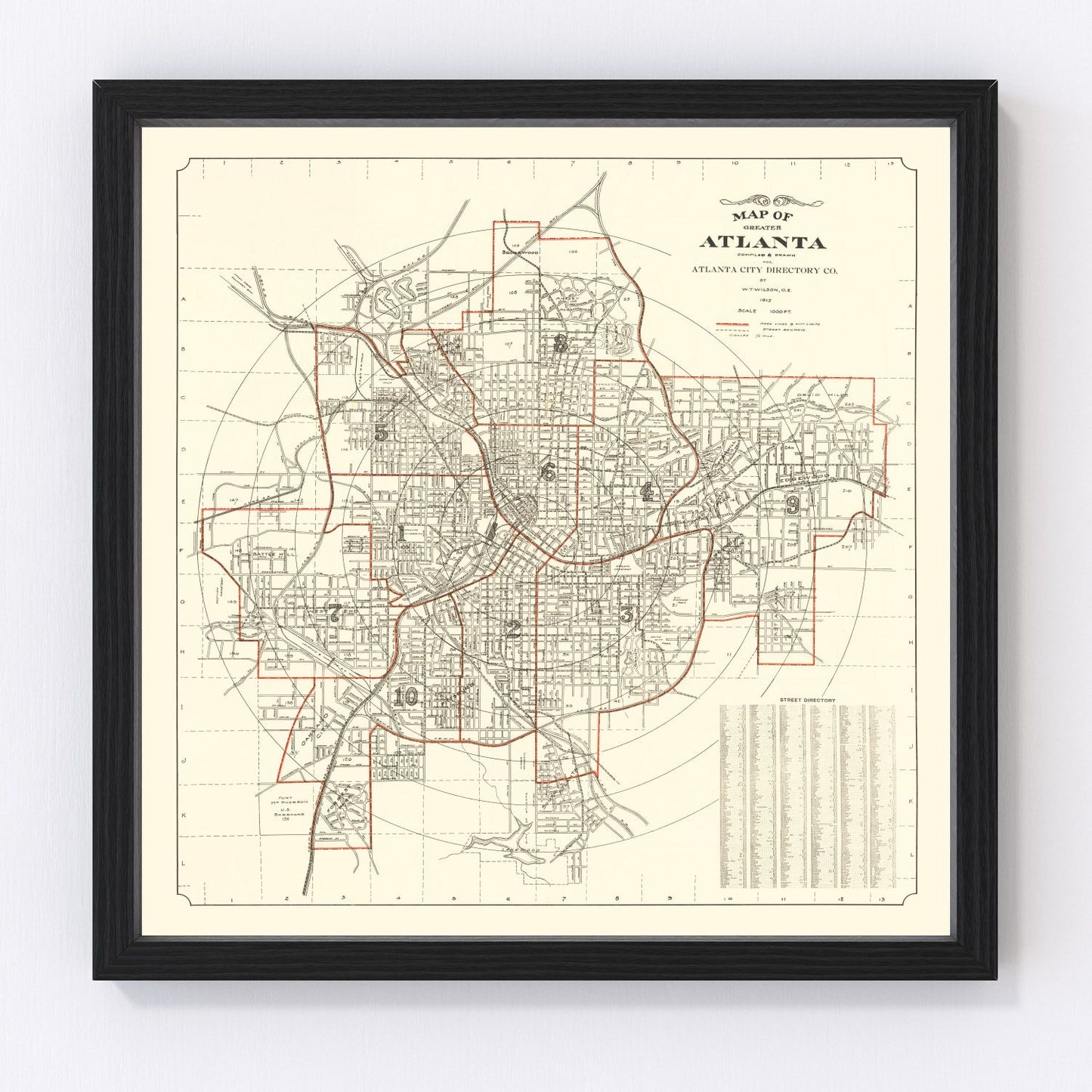 vintage map of Atlanta, Georgia, 1912, Progressive Era streetcar city
