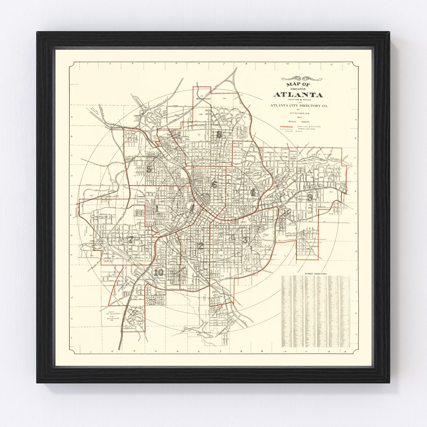vintage map of Atlanta, Georgia, 1912, Progressive Era streetcar city