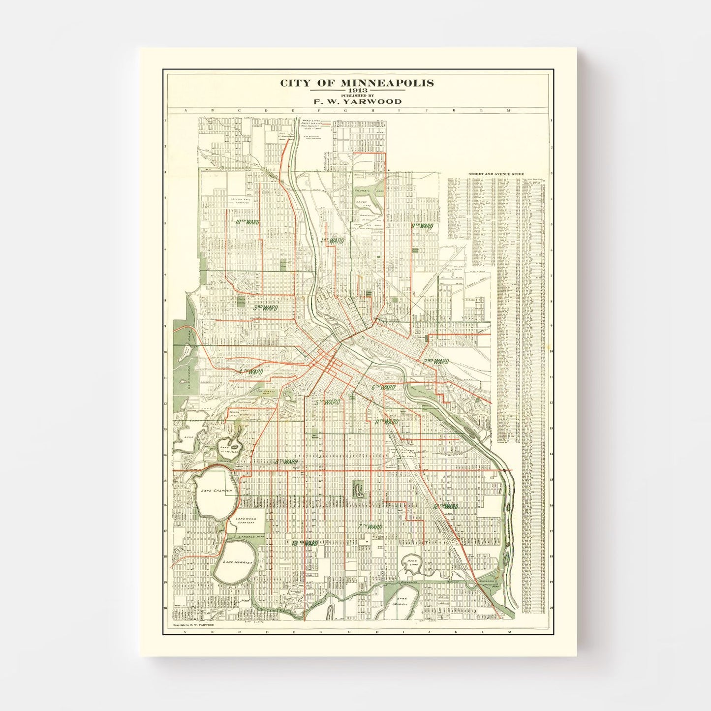 Vintage Map of Minneapolis, Minnesota, 1913