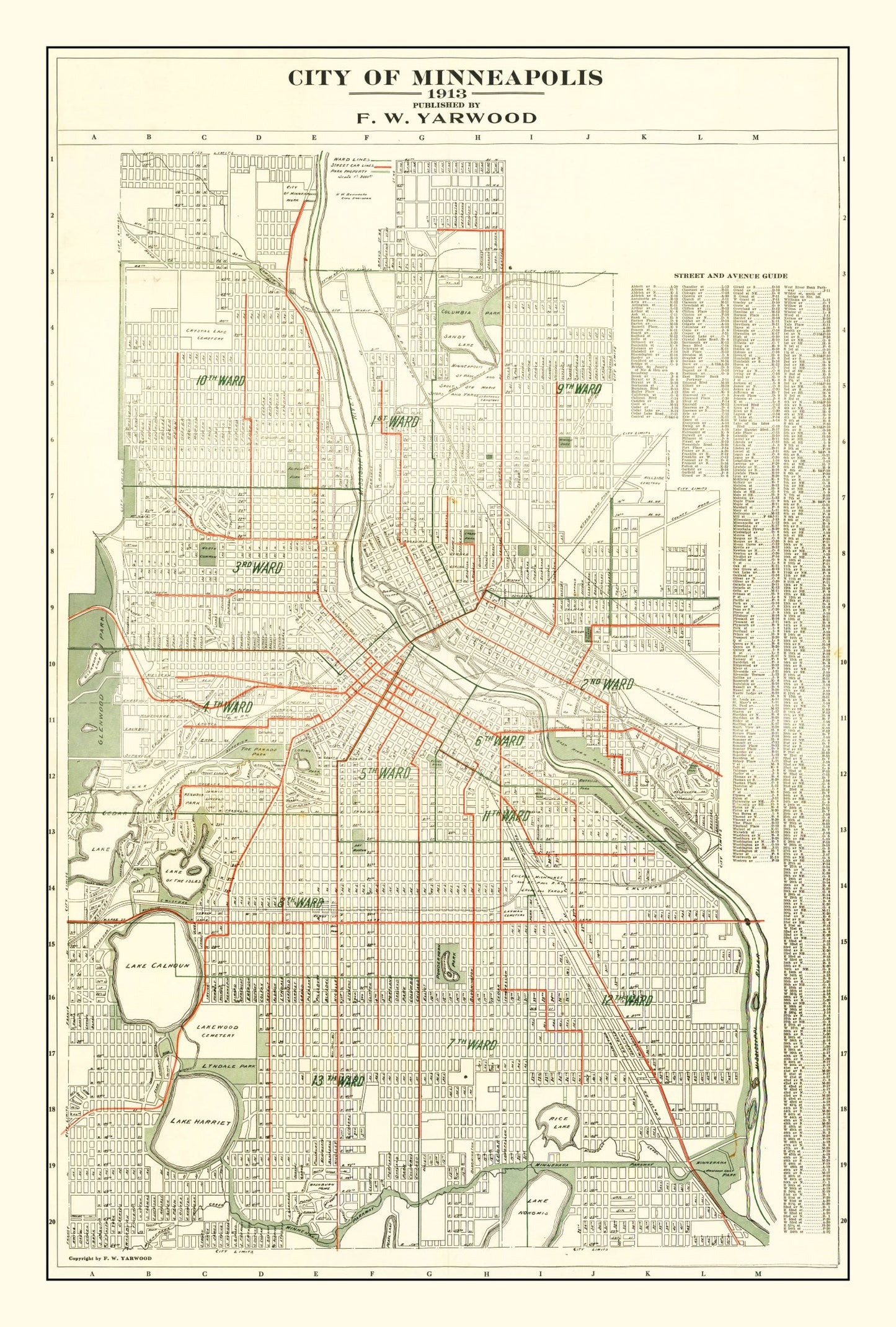 Vintage Map of Minneapolis, Minnesota, 1913