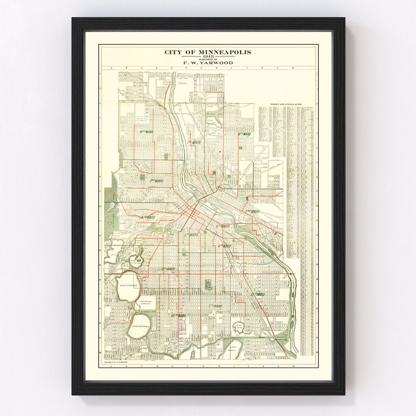 vintage map of Minneapolis, Minnesota, 1913